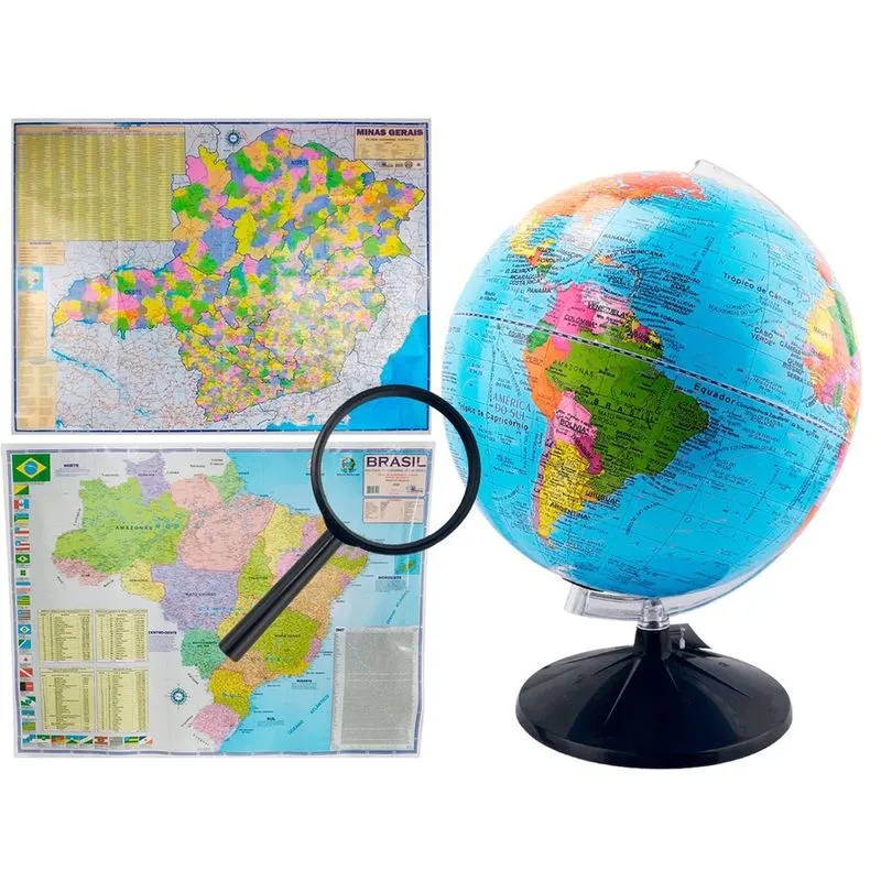 Kit Globo Terrestre Profissional Studio 30cm + Lupa + Mapa do Brasil + Mapa de Minas Edição Atualizada Escolar