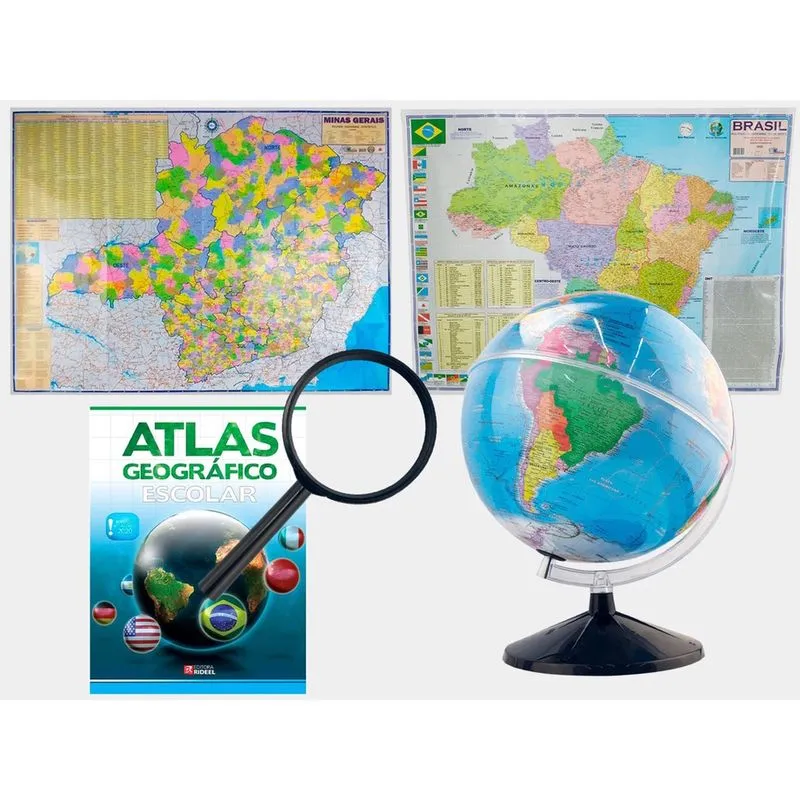 Kit Globo Terrestre 30cm Com Led + Lupa + Atlas + Mapa do Brasil e Mapa de Minas Atualizado Escolar Decorativo