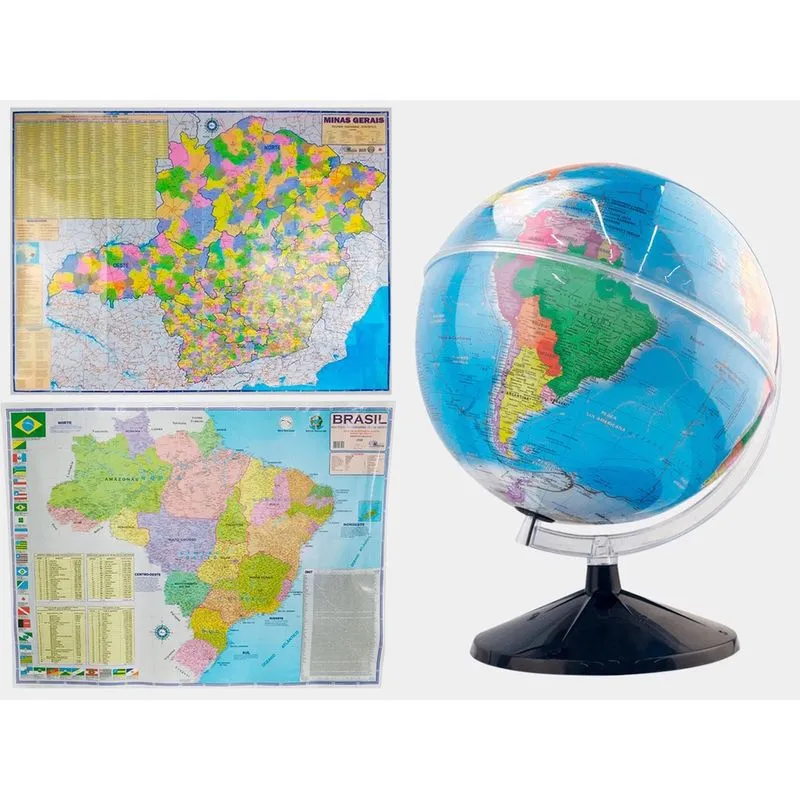 Kit Globo Terrestre 30cm Com Led + Mapas do Brasil e Mapa de sp 120x90cm Atualizado Divisão de Países Escolar