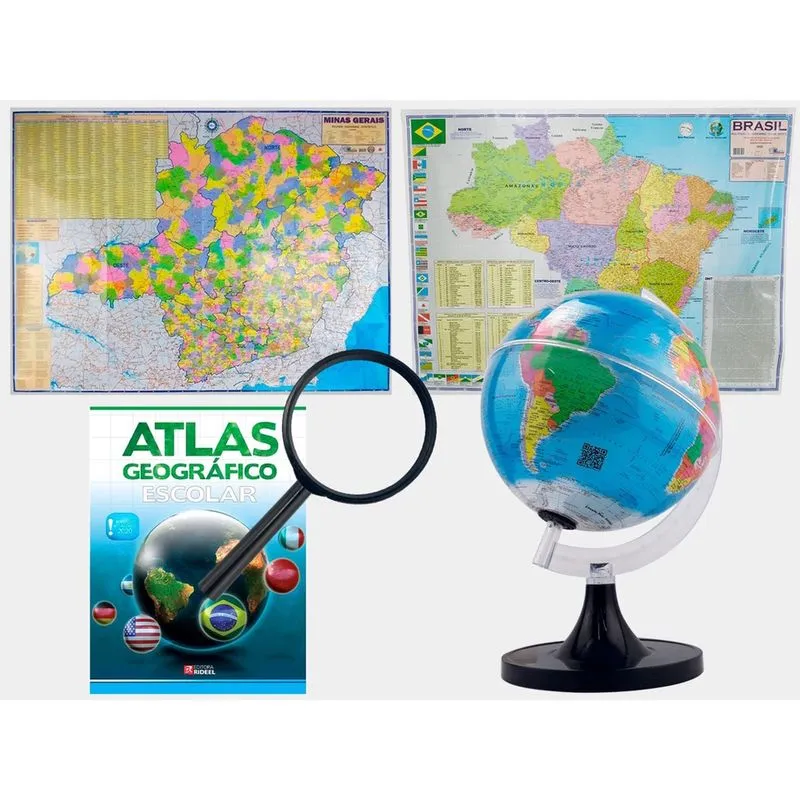Kit Globo Terrestre 21cm Profissional + Lupa + Atlas + Mapa de São Paulo e Mapa do Brasil 120x90cm Atualizado Escolar