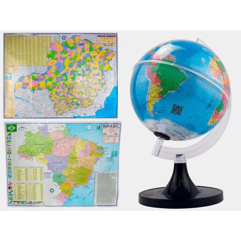 Kit Globo Terrestre 21cm Profissional + Mapa de Minas Gerais + Mapa do Brasil 120x90cm Atualizado Escolar