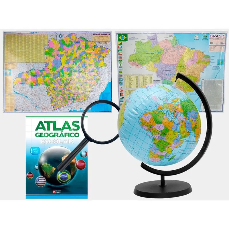 Kit Globo Terrestre Inflável 17cm + Atlas + Lupa + Mapas do Brasil e mg 120x90cm Escolar Decorativo
