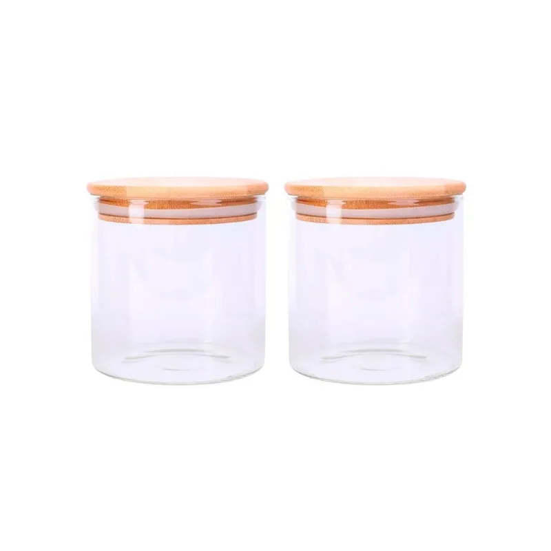 Kit 2 Potes De Vidro 500ml Com Tampa De Madeira Bambu Porta Condimentos