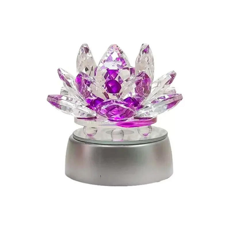 Enfeite Escultura De Vidro Flor De Lotus De 10cm Com Base Espelhada Led Rgb Enfeite De Cristal