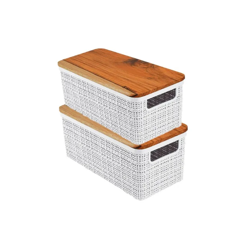 Kit 2 Cesto Organizador Juta de Plástico Resistente Com Tampa de Madeira Capacidade 1,5 Litros Branco