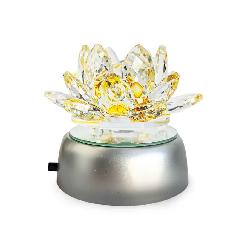 Enfeite Escultura De Vidro Flor De Lotus De 13cm Com Base Espelhada Led Rgb Enfeite De Cristal