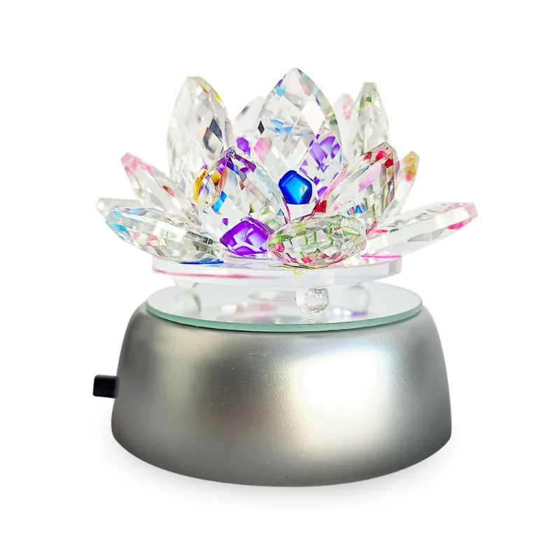 Enfeite Escultura De Vidro Flor De Lotus De 8cm Com Base Espelhada Led Rgb Enfeite De Crista