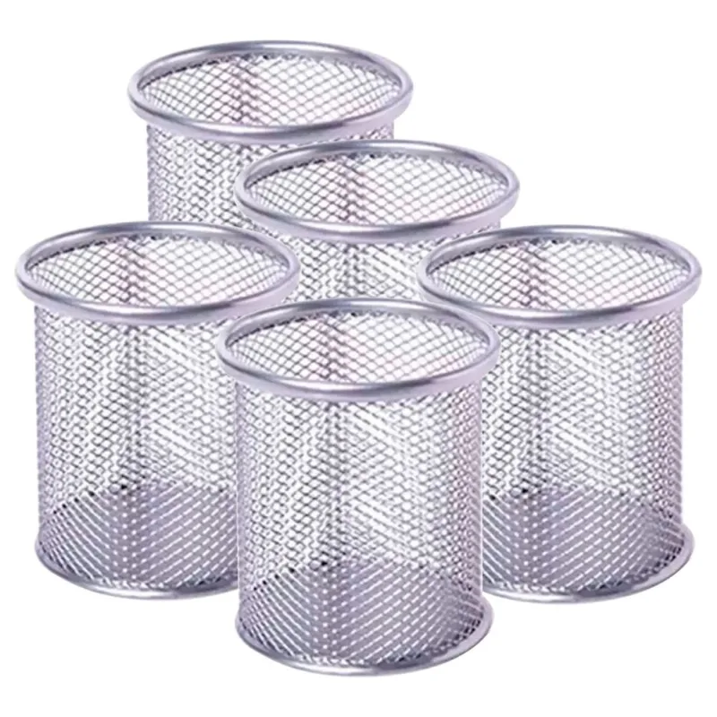 Kit 5 Porta Canetas Organizador de Mesa Redondo Telado Aramado Grampos Clips Escritório Home Office Prata