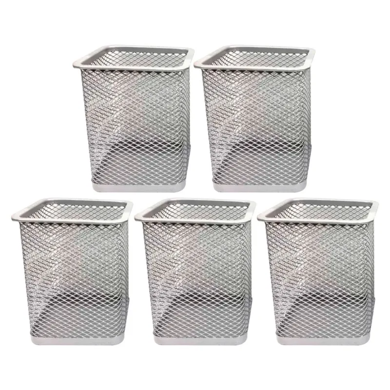 Kit 5 Porta Canetas Organizador de Mesa Quadrado Telado Aramado Grampos Clips Escritório Home Office Prata