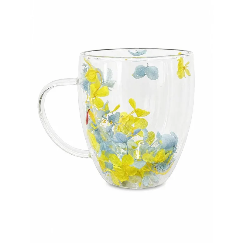 Caneca De Vidro Com Pétalas Coloridas Dupla Parede 350ml Decorativa Elegante Moderna E Sofisticada