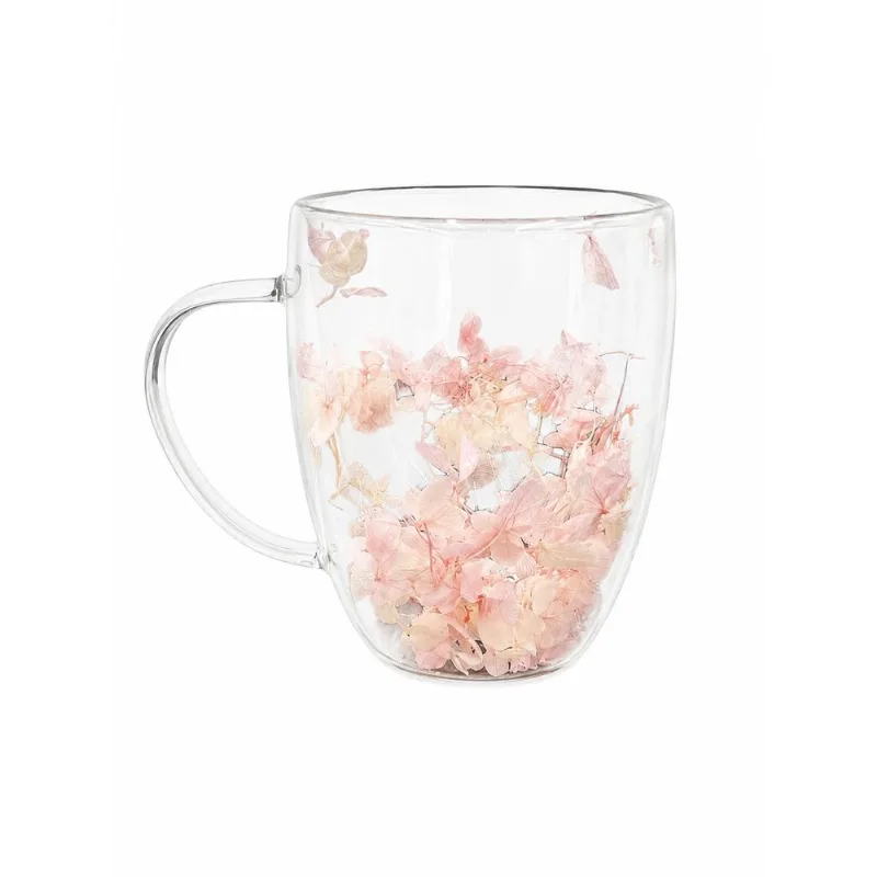 Caneca De Vidro Com Pétalas Coloridas Dupla Parede 350ml Decorativa Elegante Moderna E Sofisticada