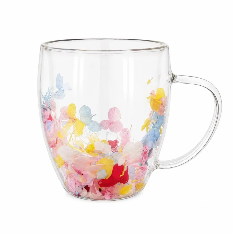 Caneca De Vidro Com Pétalas Coloridas Dupla Parede 350ml Decorativa Elegante Moderna E Sofisticada
