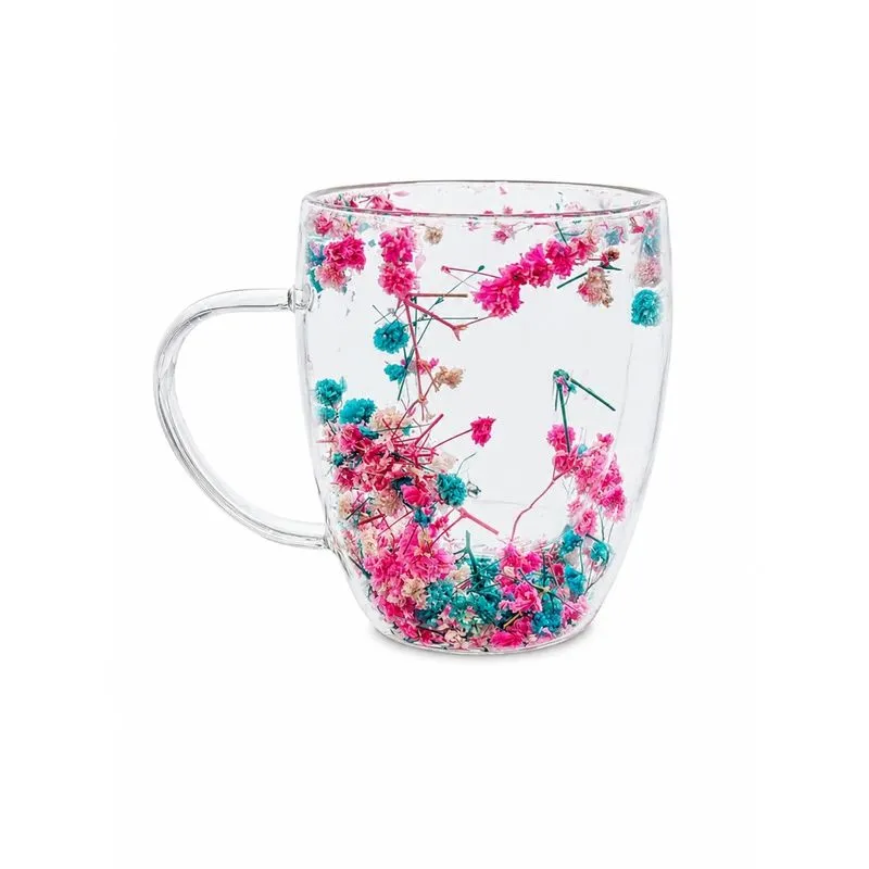 Caneca de Vidro Com Flores 350ml Dupla Parede Colorida Decorativa Elegante para Design Moderno e Delicado Rosa/Azul