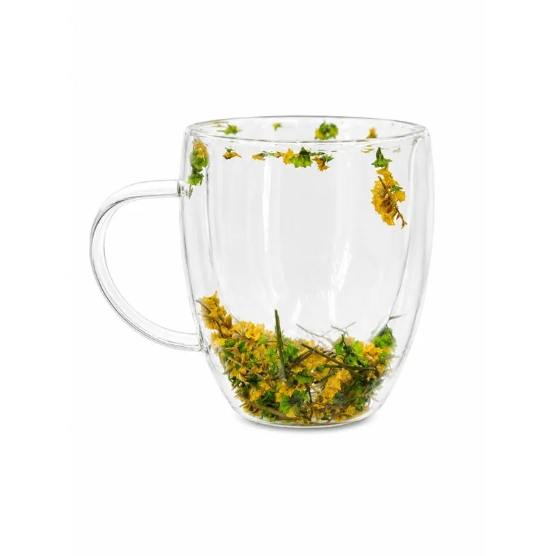 Caneca de Vidro Com Flores 350ml Dupla Parede Colorida Decorativa Elegante para Design Moderno e Delicado Verde/Amarelo