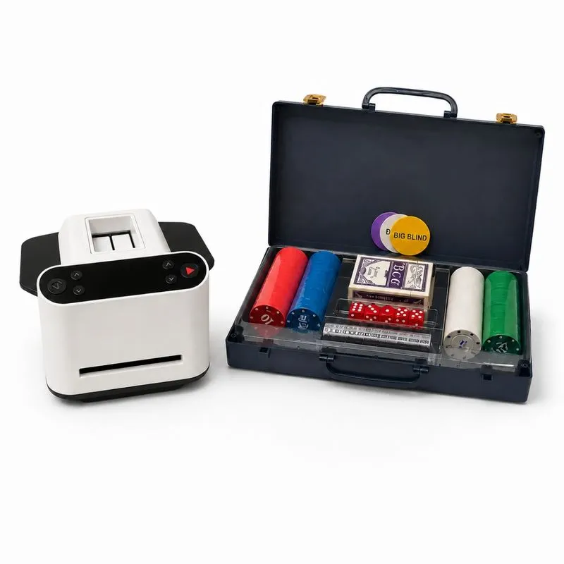 Embaralhador e Distribuidor Automático de Cartas Recarregável e Maleta Poker 200 Fichas
