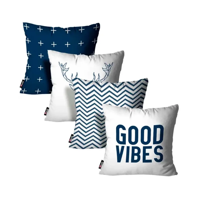 Kit 4 Capas De Almofadas Good Vibes Branco E Azul