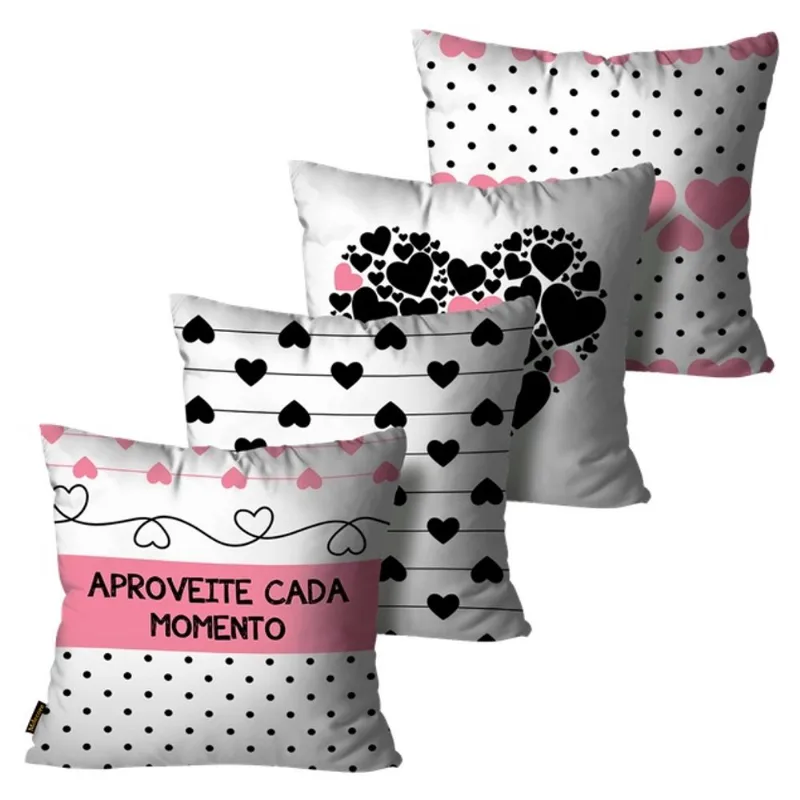 Kit com 4 Capas de Almofadas Decorativas Frase Rosa 45x45