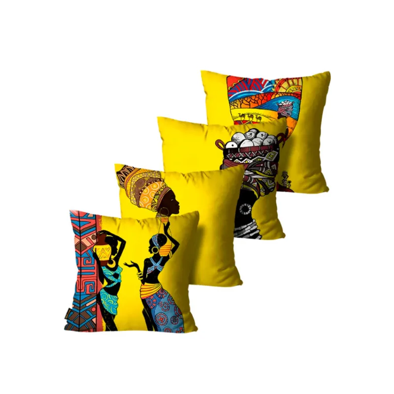 Kit Com 4 Capas De Almofadas Africanas Amarelo - 45x45cm