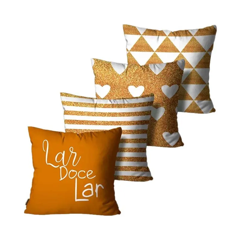 Kit Com 4 Capas Para Almofadas Lar Doce Lar Dourado - 45x45