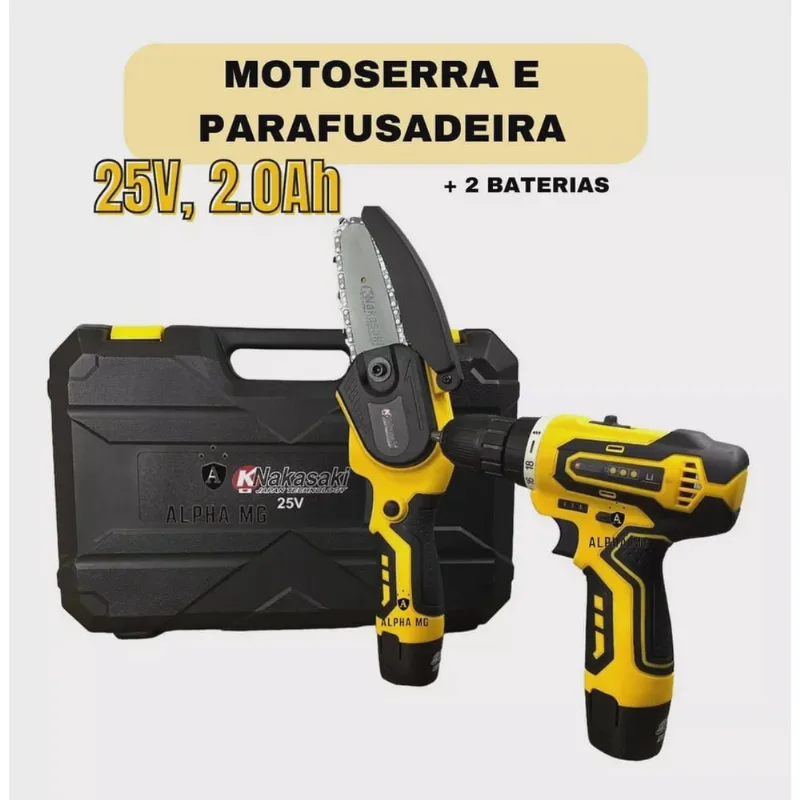 Mini Motoserra + Parafusadeira 25v, 2.0ah Kit Profissional
