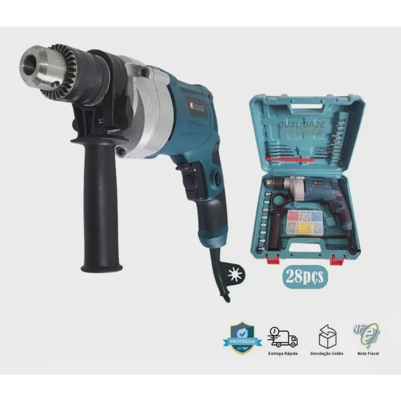 Furadeira Impacto 800w 13mm + 28 Peças Na Maleta 127v