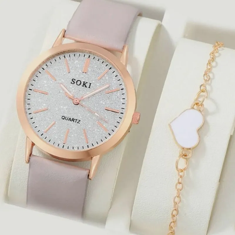 Conjunto de Relógio de Pulso Quartzo Feminino com Pulseira de Coração