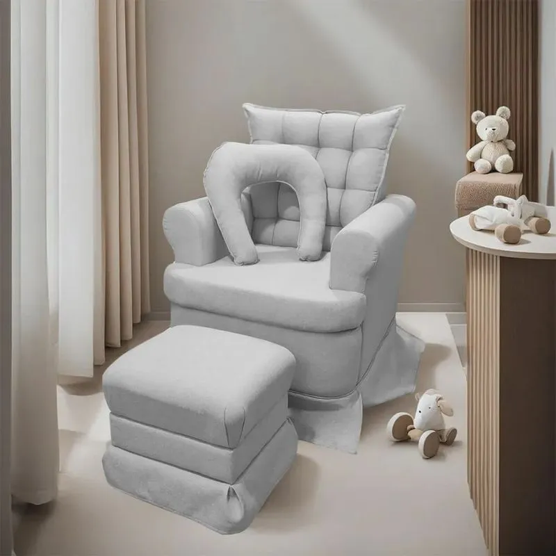 Poltrona da Mamãe Linha Alta com Balanço e Puff Linho Bouclê Cinza sofa store
