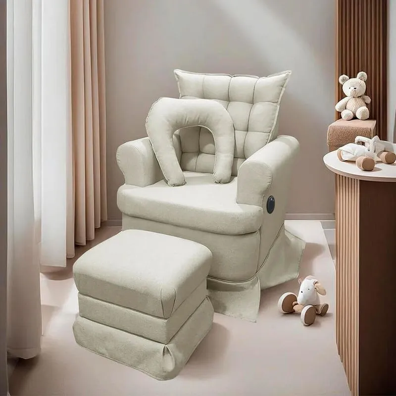 Kit Poltrona de Amamentação com Massagem Luxo Linho Boucle Bege + Balanço e Puff