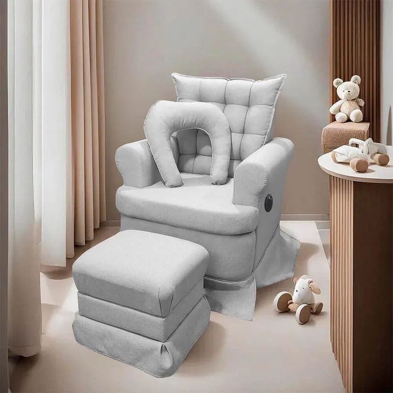Kit Poltrona de Amamentação Aconchego com Massagem Base Balanço + Puff Linho Cinza