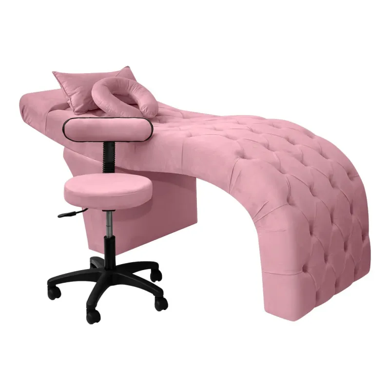 Maca Estética Para Extensão De Cílios Charme + Mocho Tapeçado Veludo Rosa Claro