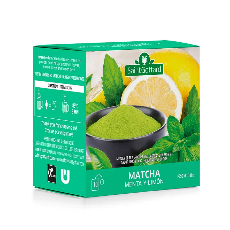 Té Orgánico Sabor Matcha Menta y Limón 18 Grs x 10 Un Saint Gottard Te Saint Gottard Matcha Menta Limon