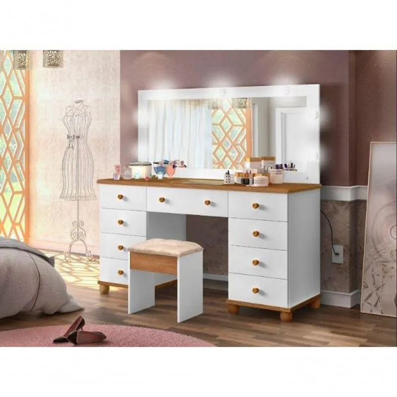 Bancada Branco Nature Para Maquiagem Penteadeira + Banqueta