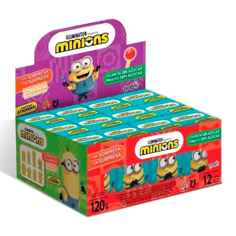 Toy Box Pirulito Minions Sem Açúcar com Surpresa 10g c/12 - Bazooka