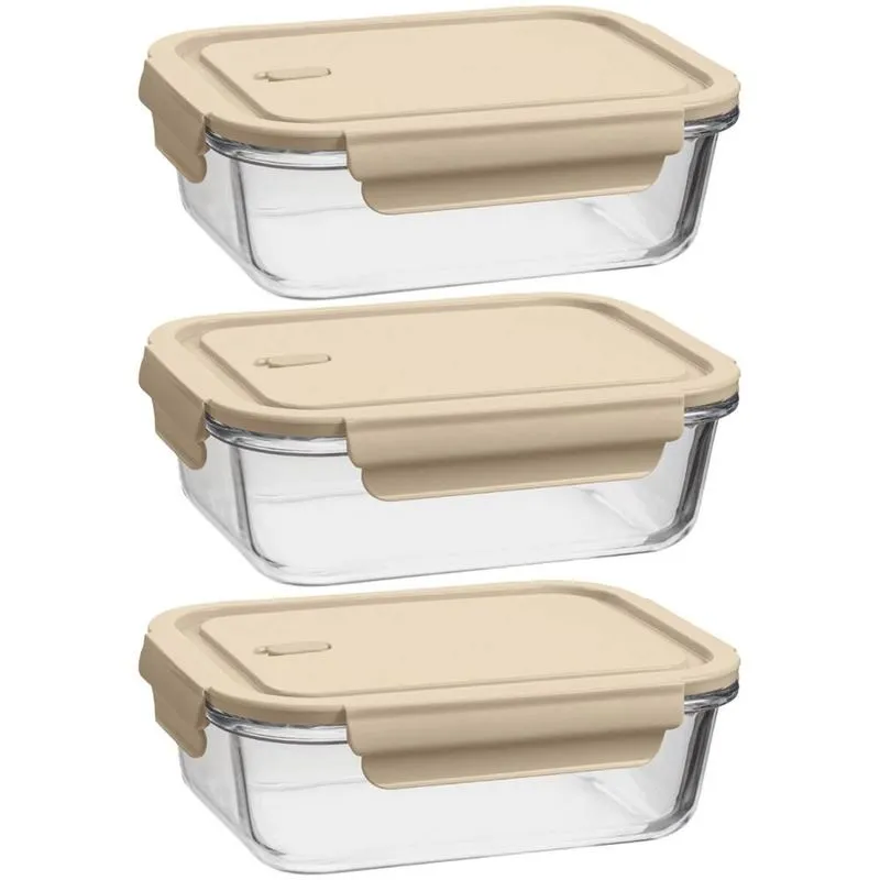 Kit 3 Potes de Vidro Herméticos 1,04L Retangulares Capuccino UZ Marmita Borossilicato