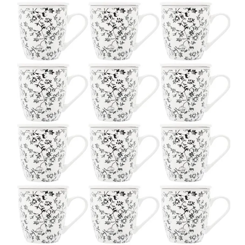 Jogo de Xícaras de Porcelana 12 Canecas com Infusor de Chá e Tampa 310ml Tiny Flowers Lyor