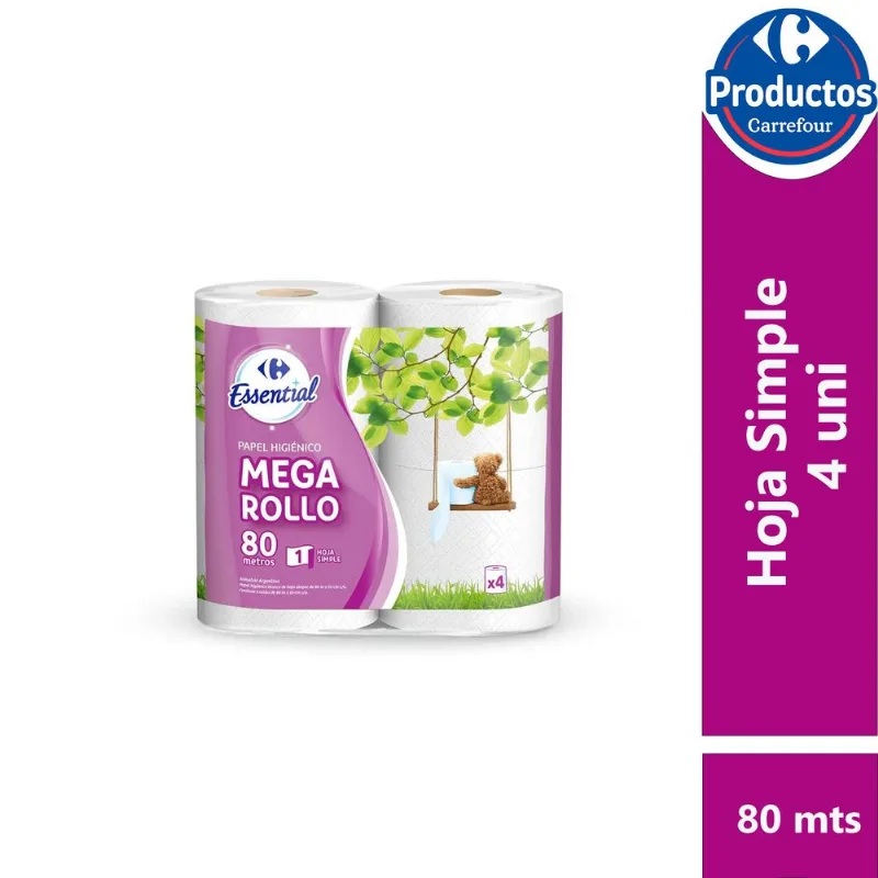 Papel higiénico hoja simple Carrefour Essential 4 x 80 m.