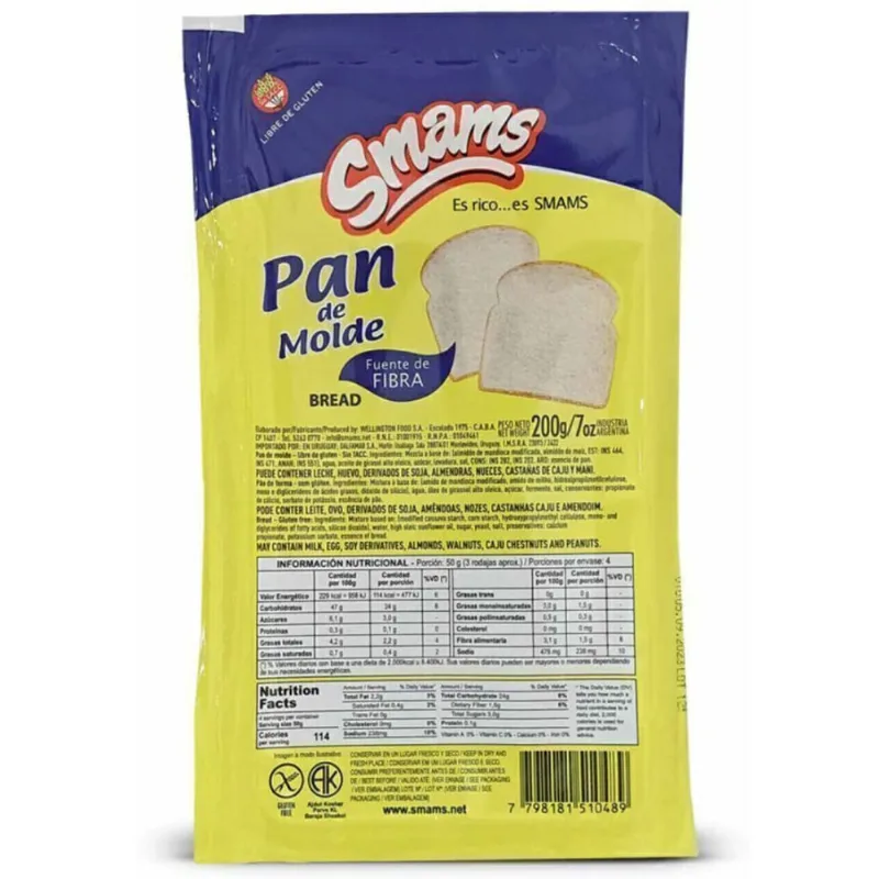 Pan de molde Smams clásico sin tacc 200 grs