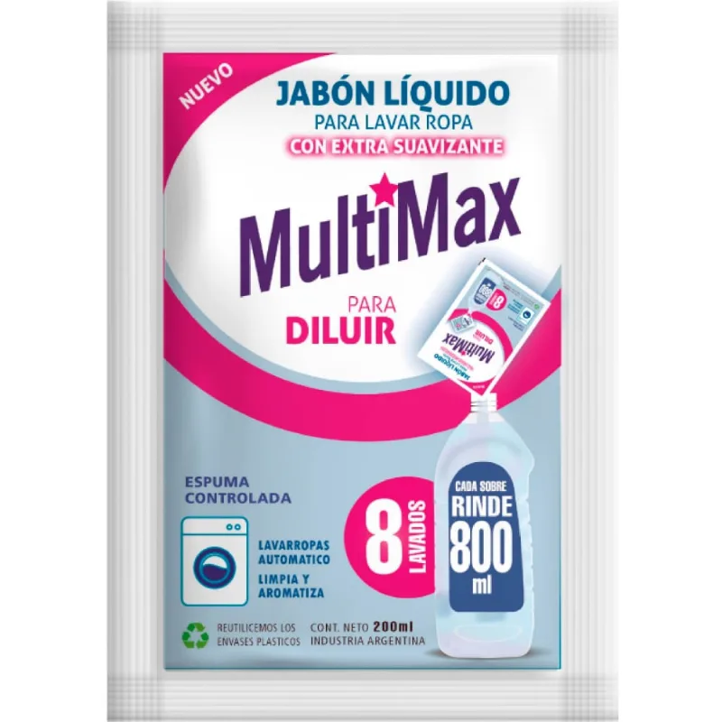 Jabón líquido para ropa Multimax con suavizante para diluir concentrado (rinde 800 ml.) 200 ml.