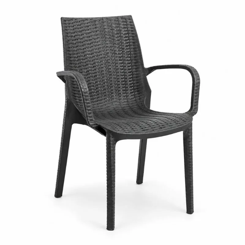 Sillón Quality Plastic Melody Negro Símil Ratán con Apoyabrazos Apilable 120 kg