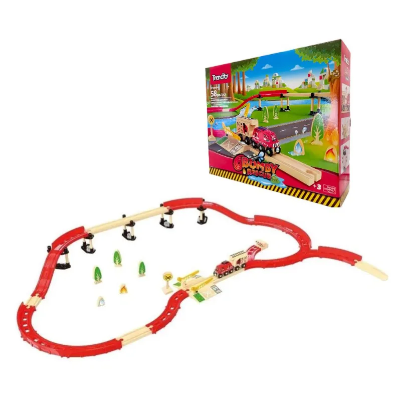 Kit Tren Bomby Rescue - 58 Piezas Kit Tren Con Pista De Madera Bomby Recue 58 Piezas Trencity