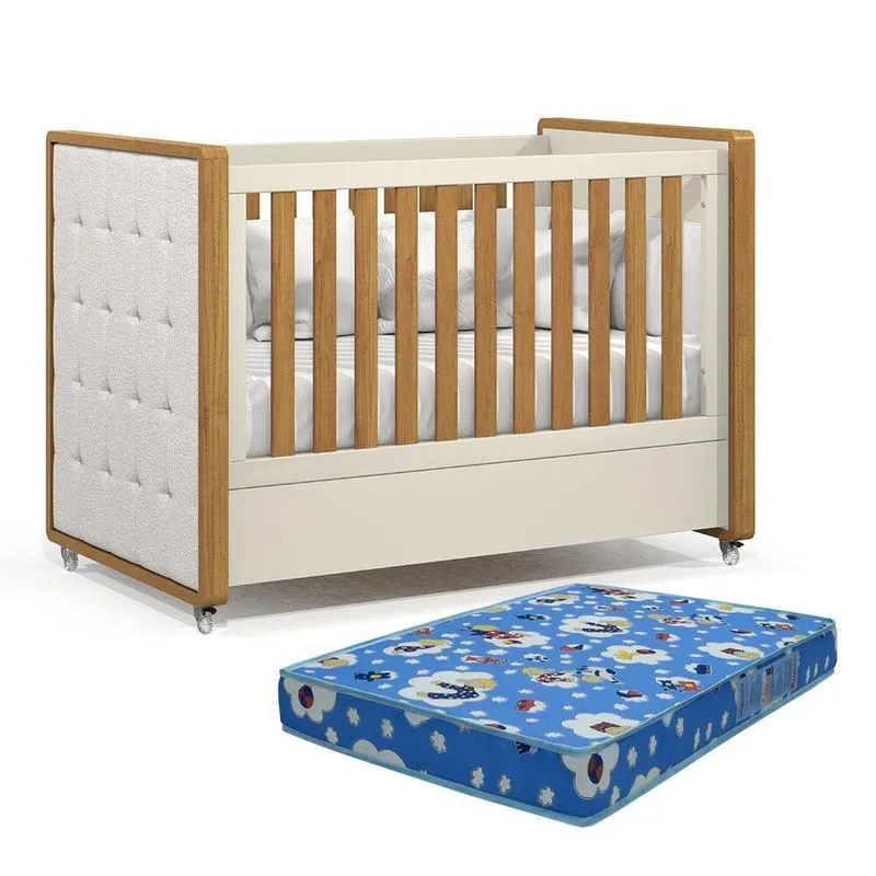 Berço Americano Tutto New com Capitonê e Colchão Physical - Matic Móveis Off White/Freijó