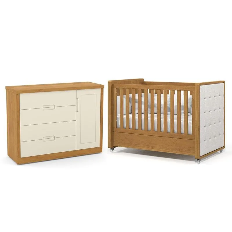 Jogo de Quarto Infantil Tutto New Cômoda 1 Porta e Berço com Capitonê - Matic Móveis Freijó/Off White