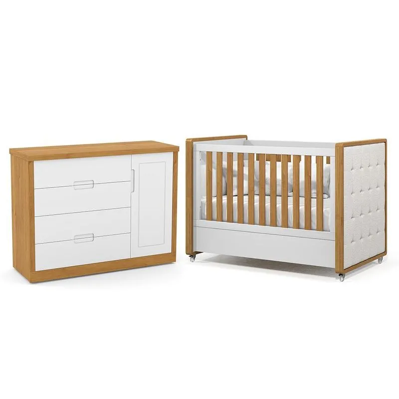 Jogo de Quarto Infantil Tutto New Cômoda 1 Porta e Berço com Capitonê - Matic Móveis Branco Soft/Freijó