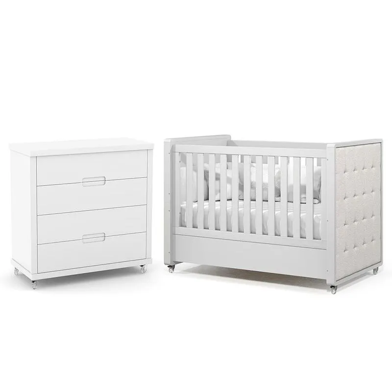 Jogo de Quarto Infantil Tutto New Cômoda 4 Gavetas e Berço com Capitonê - Matic Móveis Branco Soft