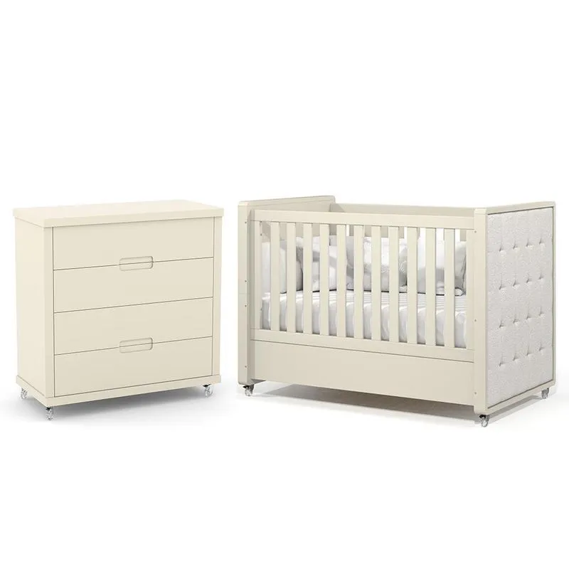 Jogo de Quarto Infantil Tutto New Cômoda 4 Gavetas e Berço com Capitonê - Matic Móveis Off White