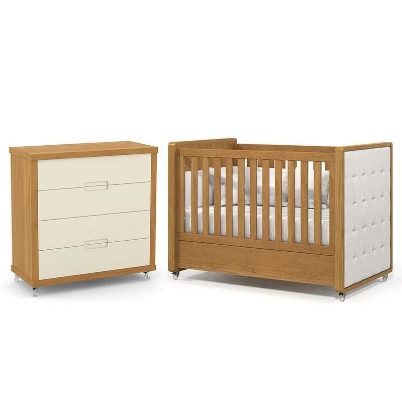 Jogo de Quarto Infantil Tutto New Cômoda 4 Gavetas e Berço com Capitonê - Matic Móveis Freijó/Off White