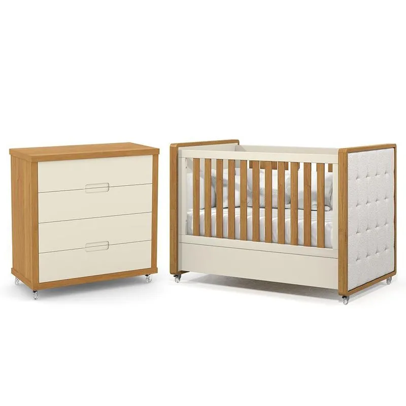 Jogo de Quarto Infantil Tutto New Cômoda 4 Gavetas e Berço com Capitonê - Matic Móveis Off White/Freijó