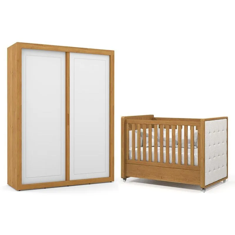 Jogo de Quarto Infantil Tutto New Guarda Roupa 2 Portas e Berço com Capitonê - Matic Móveis Freijó/Branco Soft