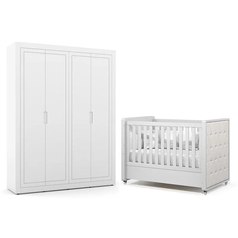 Jogo de Quarto Infantil Tutto New Guarda Roupa 4 Portas e Berço com Capitonê - Matic Móveis Branco Soft