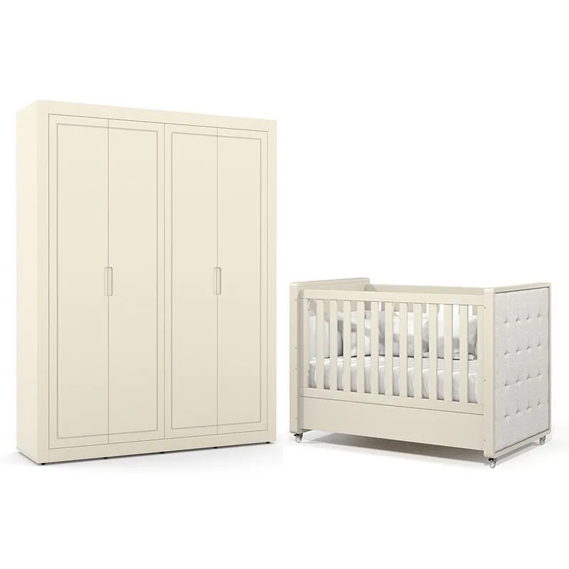 Jogo de Quarto Infantil Tutto New Guarda Roupa 4 Portas e Berço com Capitonê - Matic Móveis Off White